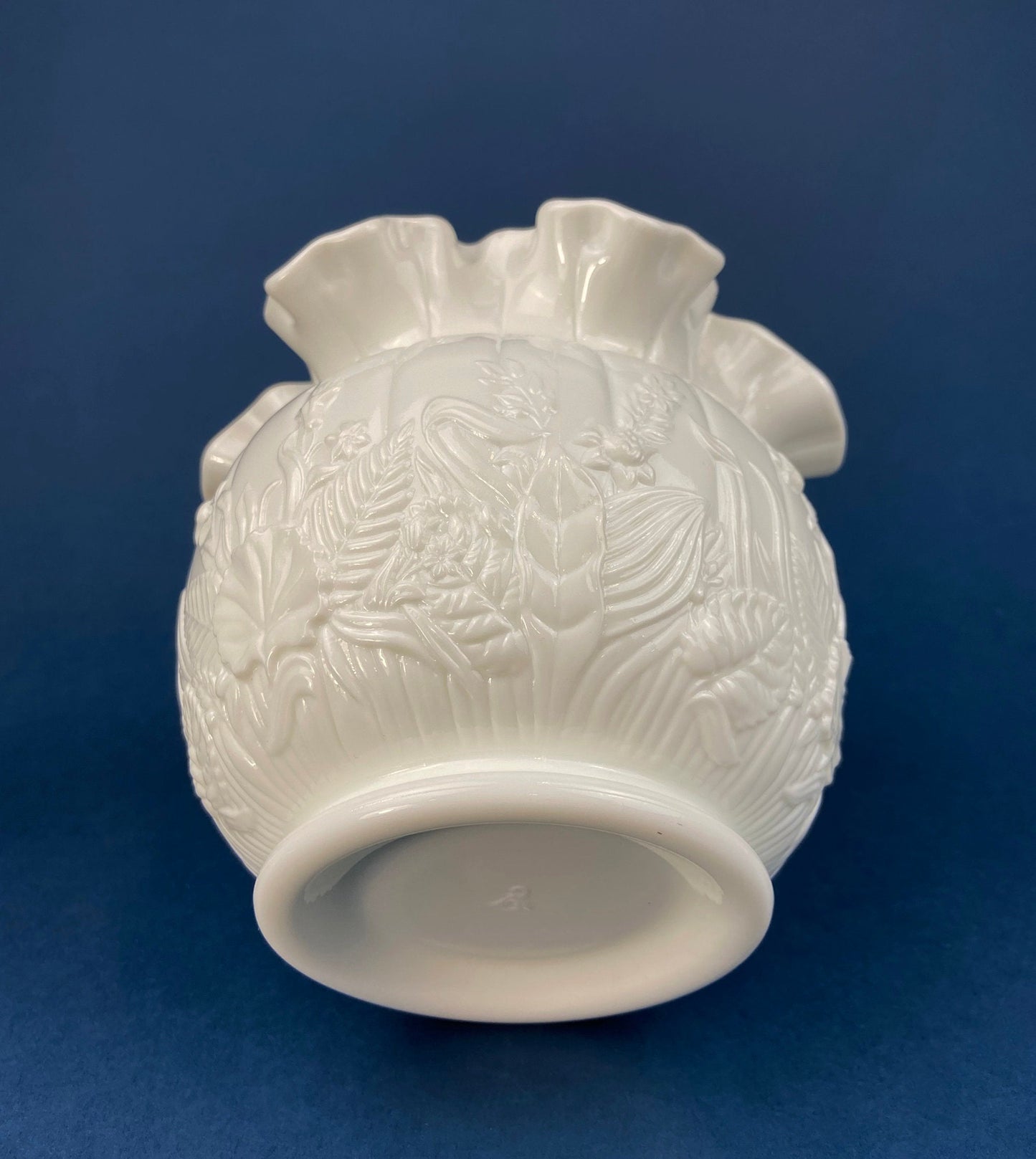 Small Milk Glass Vase With Ruffled Edge. Round Flower Vase. White Bedroom Decor. Collectible Milk Glass.