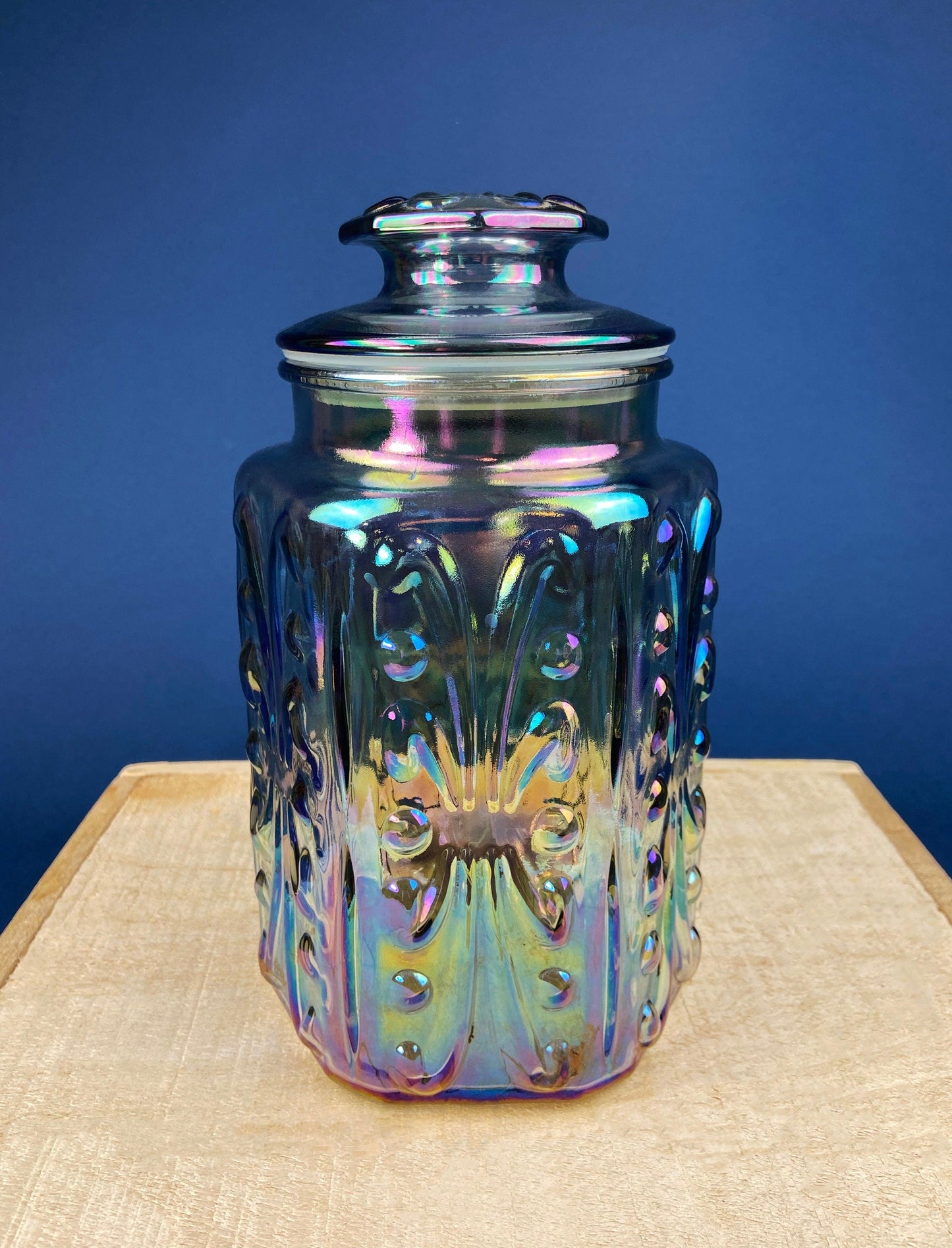Green Glass Storage Jar with Dried  Orange Slices. Large, Deep Green Glass Canister with Cork Lid. Countertop Container.