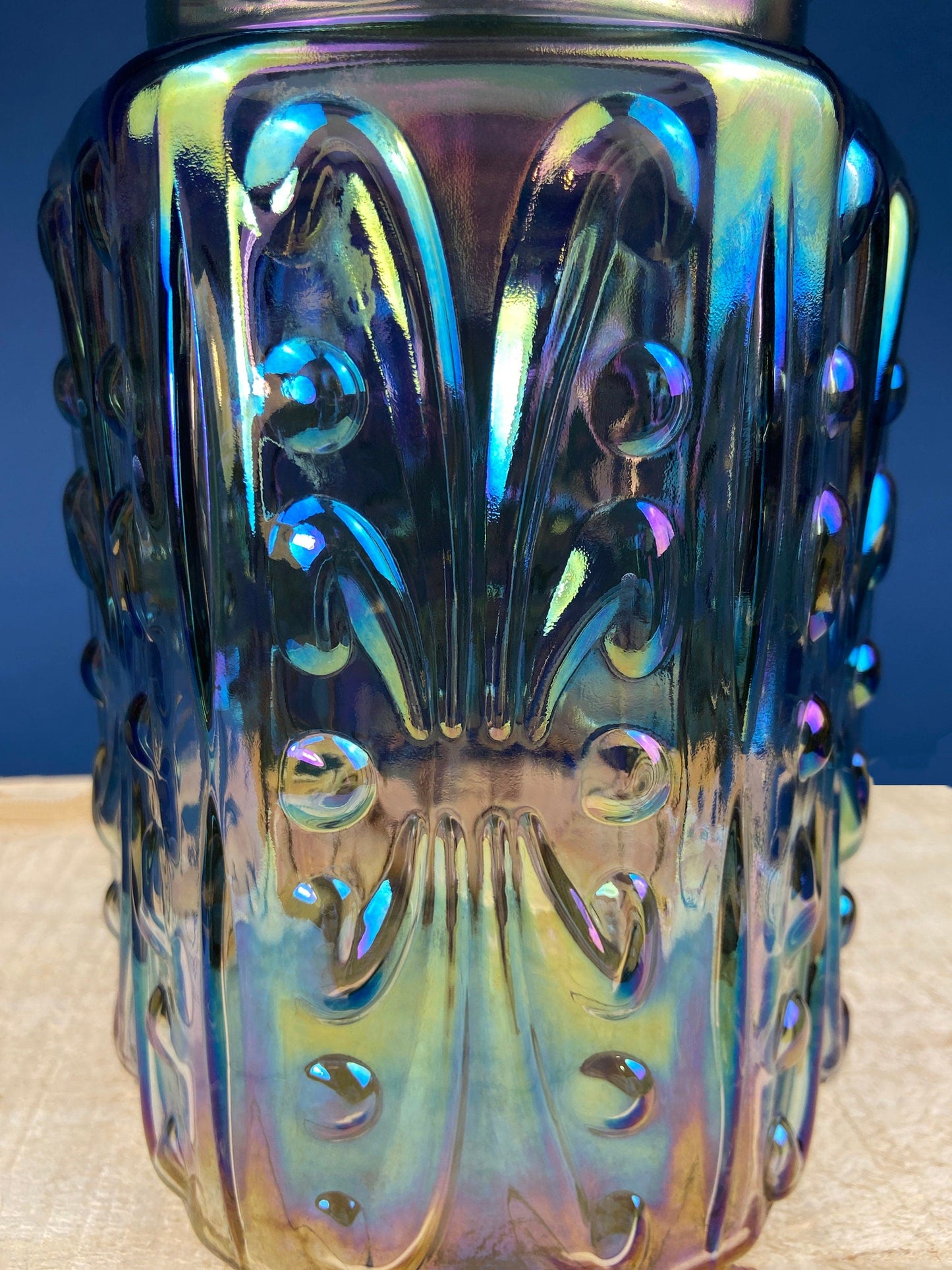 Green Glass Storage Jar with Dried  Orange Slices. Large, Deep Green Glass Canister with Cork Lid. Countertop Container.