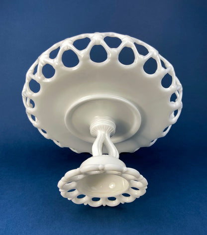 Westmoreland Milk Glass Pedestal Fruit Bowl. Doric Pattern with Lace Edge. 10" in Diameter.  Table Centerpiece.