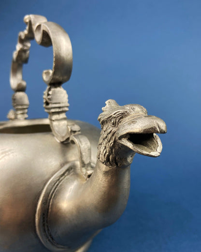 Pewter Teapot by Etain Zinn.  Etched with Heart and Cupids Antique Teapot. Spout Shaped like Eagle. Back Handle with Lion.