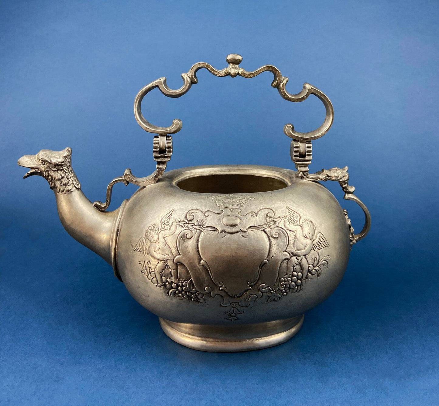 Pewter Teapot by Etain Zinn.  Etched with Heart and Cupids Antique Teapot. Spout Shaped like Eagle. Back Handle with Lion.
