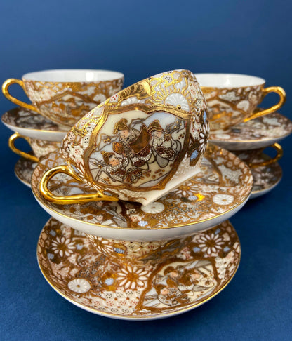 Antique Japanese Moriage Tea Cup Set. Gold Hand Painted Teaware with Teapot, Sugar Bowl, Creamer, and Six Japanese Tea Cups.