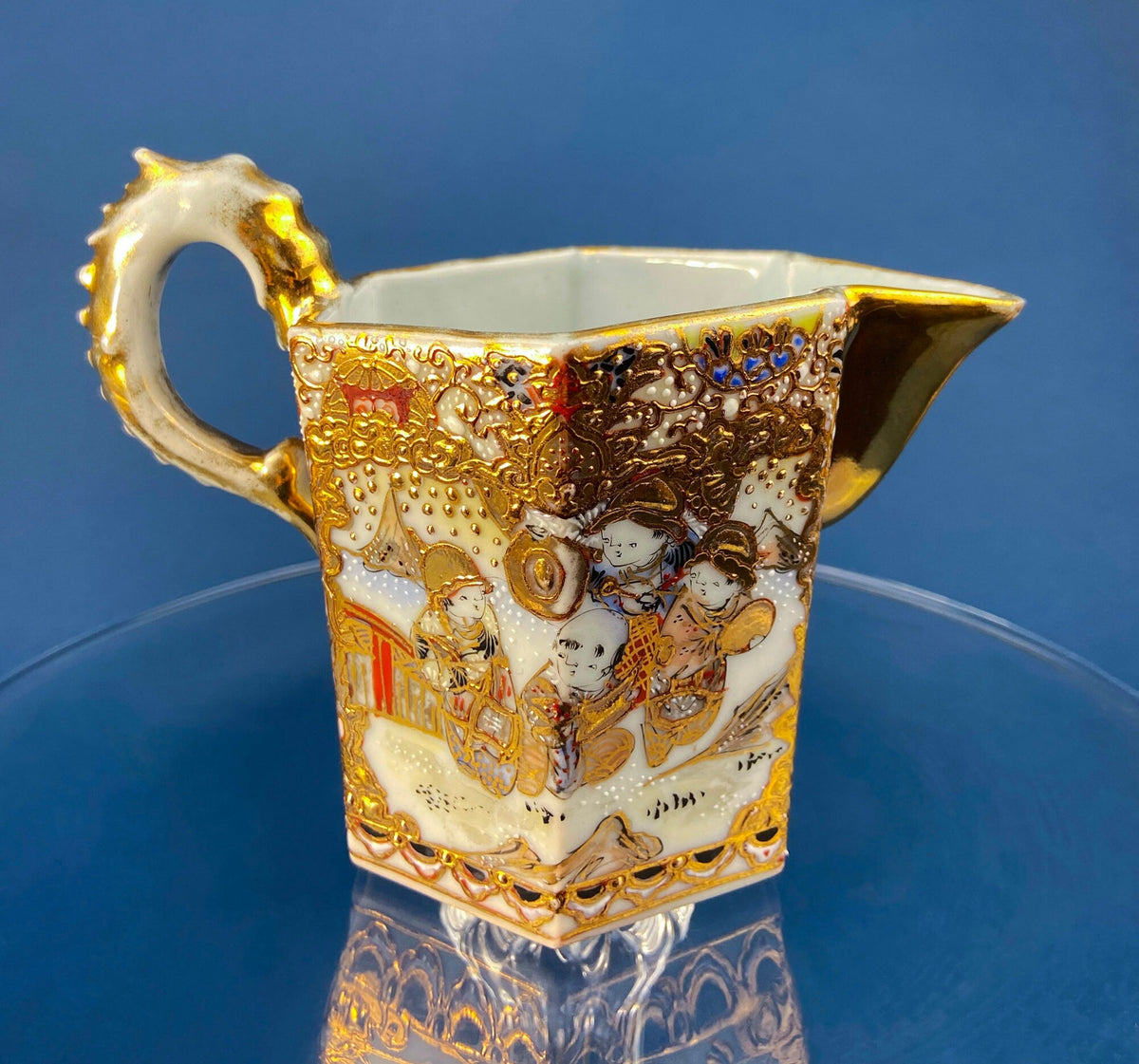 Antique Japanese Moriage Tea Cup Set. Gold Hand Painted Teaware with Teapot, Sugar Bowl, Creamer, and Six Japanese Tea Cups.