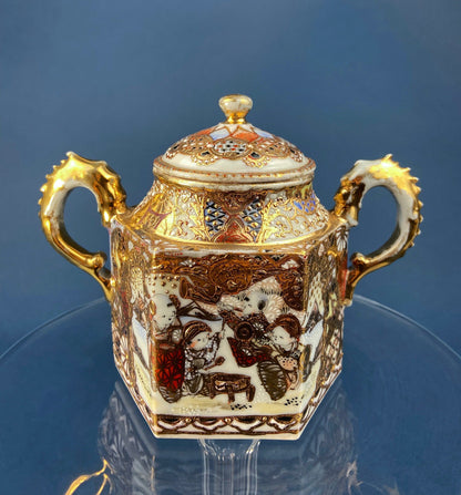 Antique Japanese Moriage Tea Cup Set. Gold Hand Painted Teaware with Teapot, Sugar Bowl, Creamer, and Six Japanese Tea Cups.