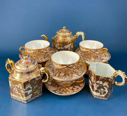 Antique Japanese Moriage Tea Cup Set. Gold Hand Painted Teaware with Teapot, Sugar Bowl, Creamer, and Six Japanese Tea Cups.