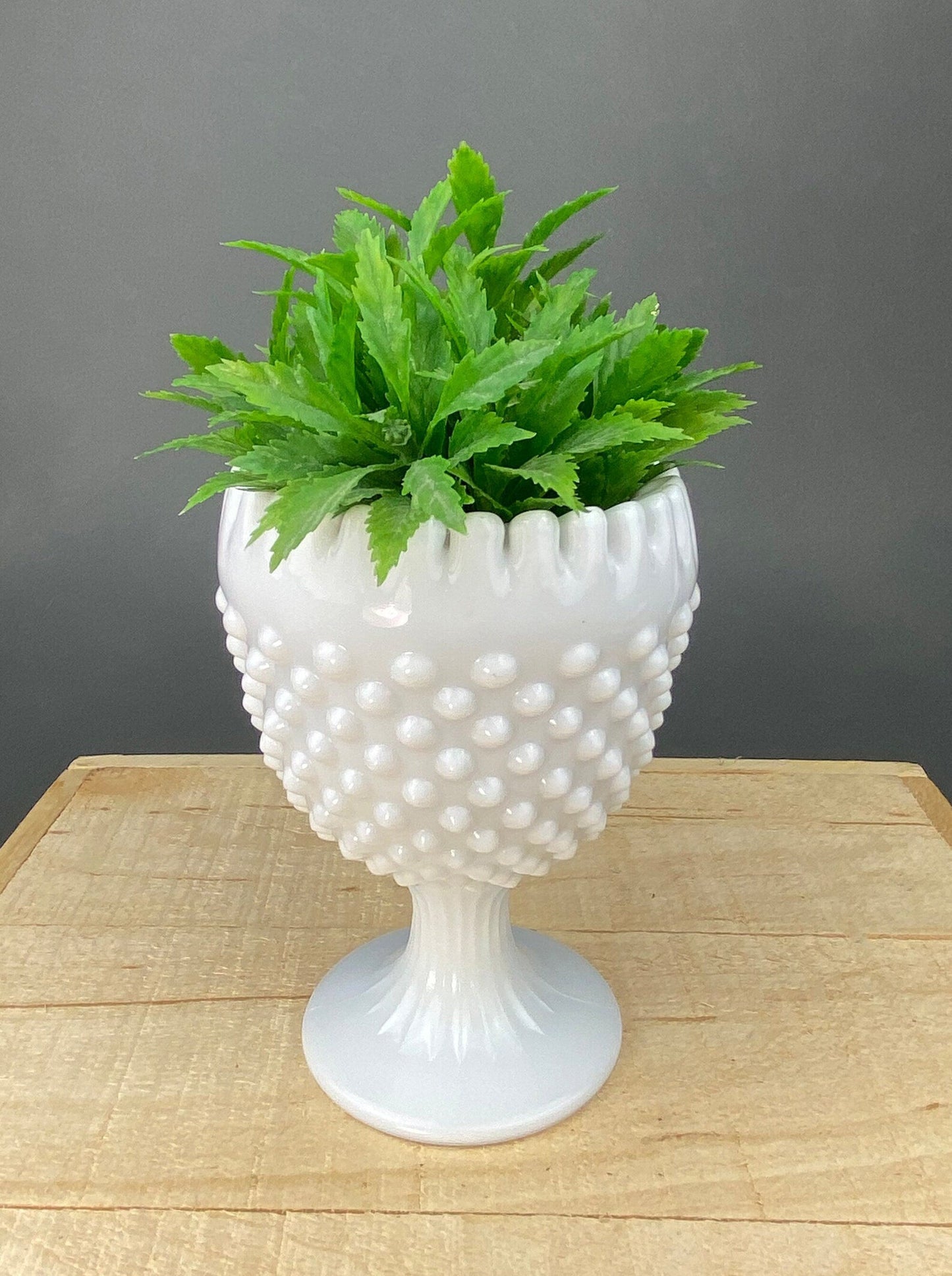 Fenton Milk Glass Compote, Hobnail Scalloped Ruffle Bowl