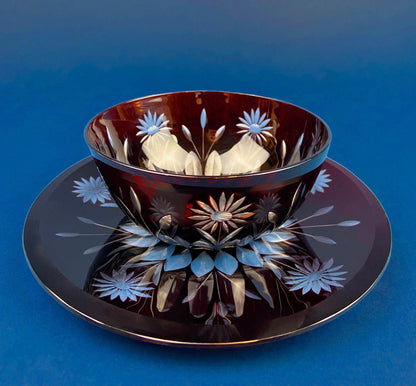 Vintage Bohemian Glass Crystal Serving Bowl and Plate. Set of Two Hand Cut Ruby Crystal Serving Dishes. Collectible Czech Glass.