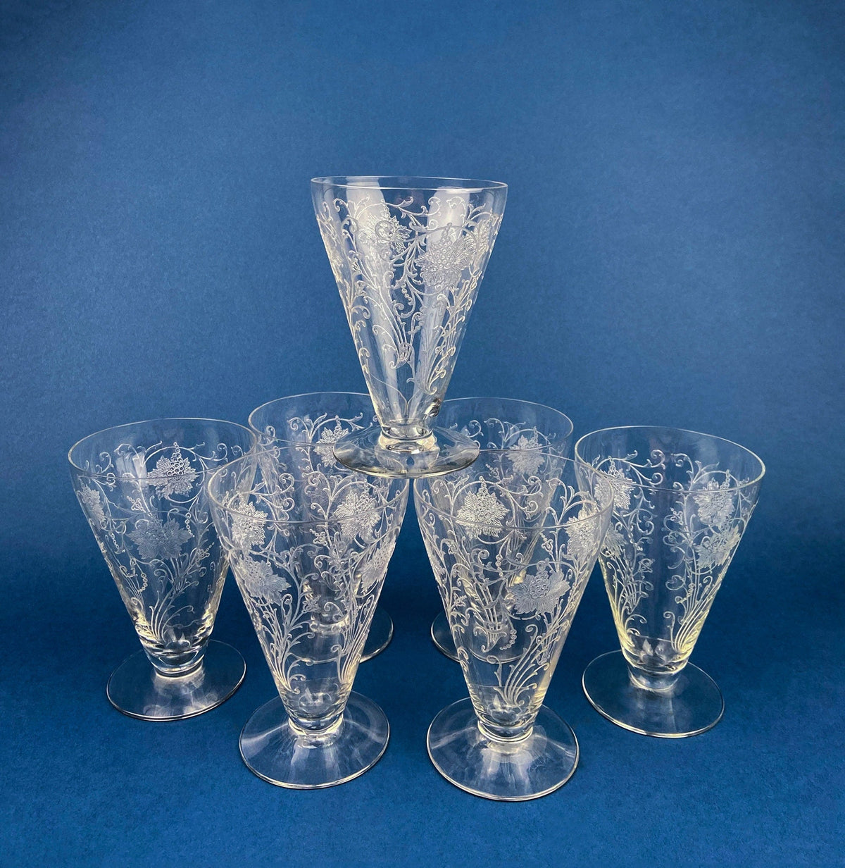 Fostoria Ice Tea Footed Tumblers. Etched Woodland Pattern. Vintage Fostoria Crystal Glasses. Set of 7 Stemware. Collectible Glass.