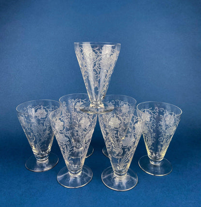 Fostoria Ice Tea Footed Tumblers. Etched Woodland Pattern. Vintage Fostoria Crystal Glasses. Set of 7 Stemware. Collectible Glass.