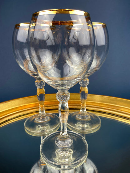 Antique Tiffin Franciscan Wine Goblets with Embossed Gold Rims. Set of 5 Faceted Mid Century Stemware. 24K Gold. Dining Room Decor. Gift for Him Her