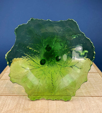 Green Glass Compote Shaped Like a Tree. Vintage Footed Serving Dish with Stem Shaped like a Tree Trunk. Fruit Stand. Table Centerpiece.