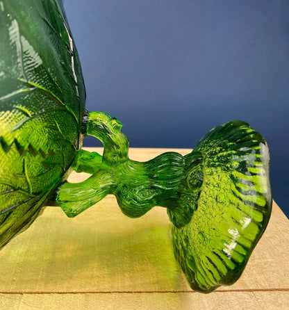 Green Glass Compote Shaped Like a Tree. Vintage Footed Serving Dish with Stem Shaped like a Tree Trunk. Fruit Stand. Table Centerpiece.