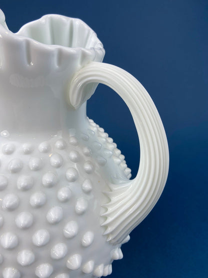 Large Milk Glass Pitcher with Hobnail Pattern and 3 Matching Tall Glasses. Juice Punch Milk Water Jug. Dining Room Decor. Lemonade Stand.