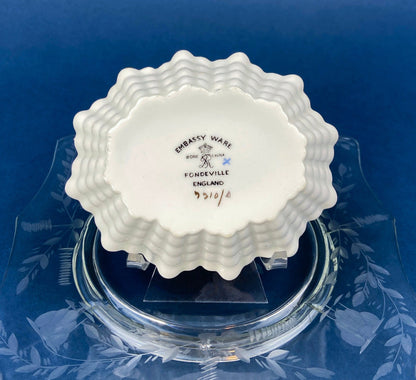 Antique Porcelain Berry Bowls in Blueberry Motif. Set of Two Small Serving Plates by Embassy Ware, Fondeville, England. Scalloped Rim.
