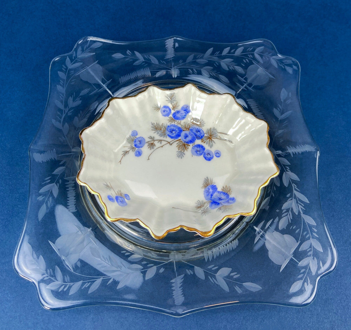 Antique Porcelain Berry Bowls in Blueberry Motif. Set of Two Small Serving Plates by Embassy Ware, Fondeville, England. Scalloped Rim.