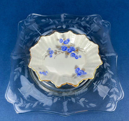 Antique Porcelain Berry Bowls in Blueberry Motif. Set of Two Small Serving Plates by Embassy Ware, Fondeville, England. Scalloped Rim.