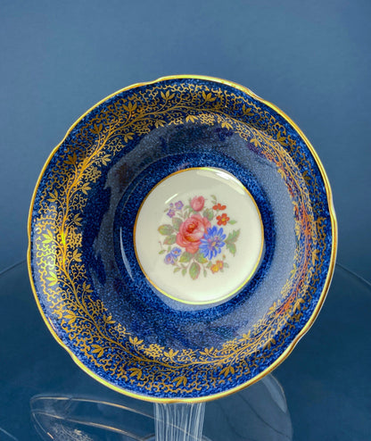 Vintage Aynsley Creamer and Sugar Bowl.  Blue and Gold, with Hand Painted Bouquet of Flowers. Fine Bone China.