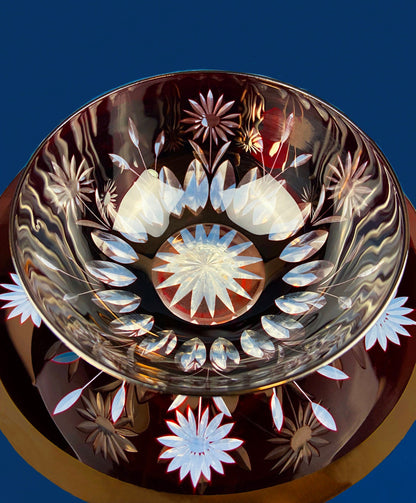 Vintage Bohemian Glass Crystal Serving Bowl and Plate. Set of Two Hand Cut Ruby Crystal Serving Dishes. Collectible Czech Glass.