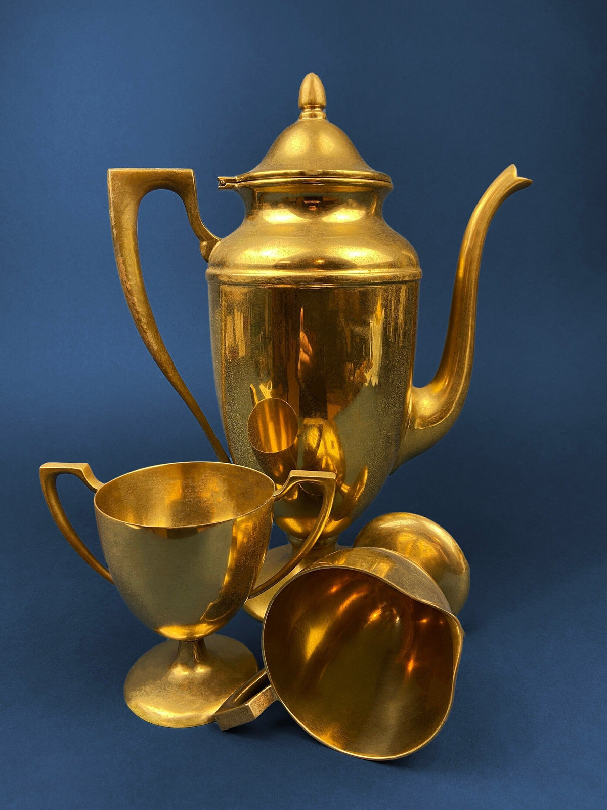 Vintage Brass Coffee Pot, Creamer & Sugar Bowl. Heavy Brass with Art Deco Style Handles. Elegant Coffee Service.
