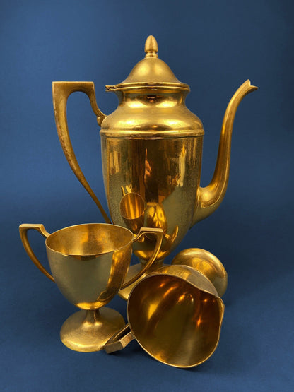 Vintage Brass Coffee Pot, Creamer & Sugar Bowl. Heavy Brass with Art Deco Style Handles. Elegant Coffee Service.