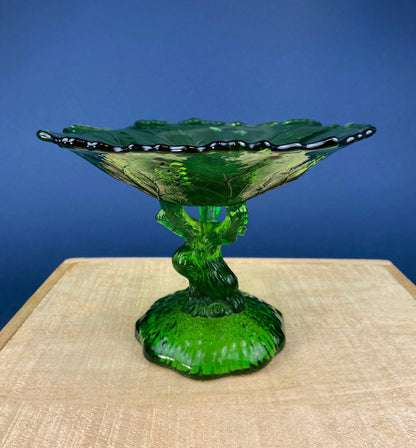 Green Glass Compote Shaped Like a Tree. Vintage Footed Serving Dish with Stem Shaped like a Tree Trunk. Fruit Stand. Table Centerpiece.