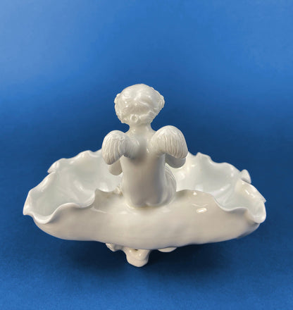 White Porcelain Cupid Soap Potpourri Serving Dish. Cupid Playing Flute. Gilman Coll. "Amore", NY. Original. Gift of Love. White Table Decor.