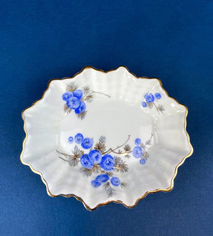 Antique Porcelain Berry Bowls in Blueberry Motif. Set of Two Small Serving Plates by Embassy Ware, Fondeville, England. Scalloped Rim.