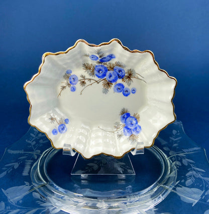 Antique Porcelain Berry Bowls in Blueberry Motif. Set of Two Small Serving Plates by Embassy Ware, Fondeville, England. Scalloped Rim.