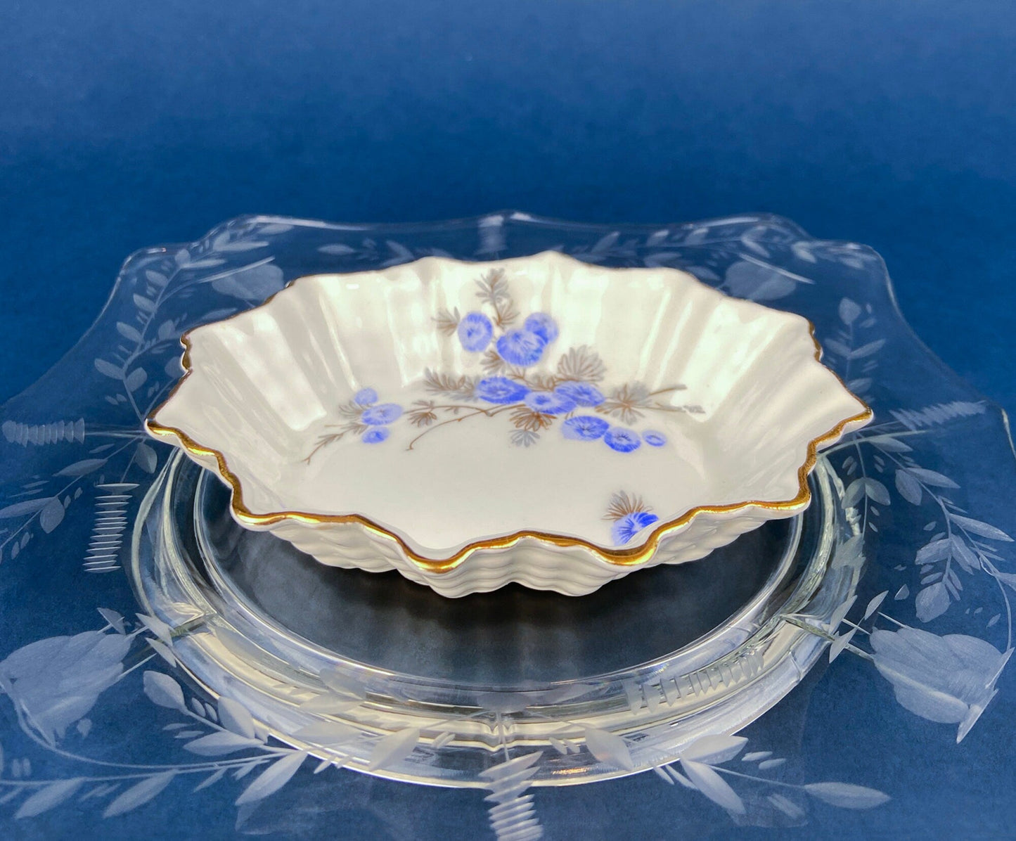 Antique Porcelain Berry Bowls in Blueberry Motif. Set of Two Small Serving Plates by Embassy Ware, Fondeville, England. Scalloped Rim.