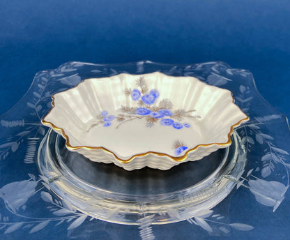 Antique Porcelain Berry Bowls in Blueberry Motif. Set of Two Small Serving Plates by Embassy Ware, Fondeville, England. Scalloped Rim.