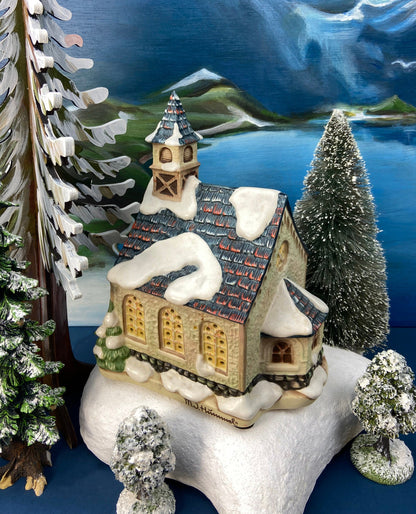 Christmas Village Cedar Valley Chapel Towne Series. Illuminated Blue Church with Stained Glass Window. Santa's Workbench. Night Light.
