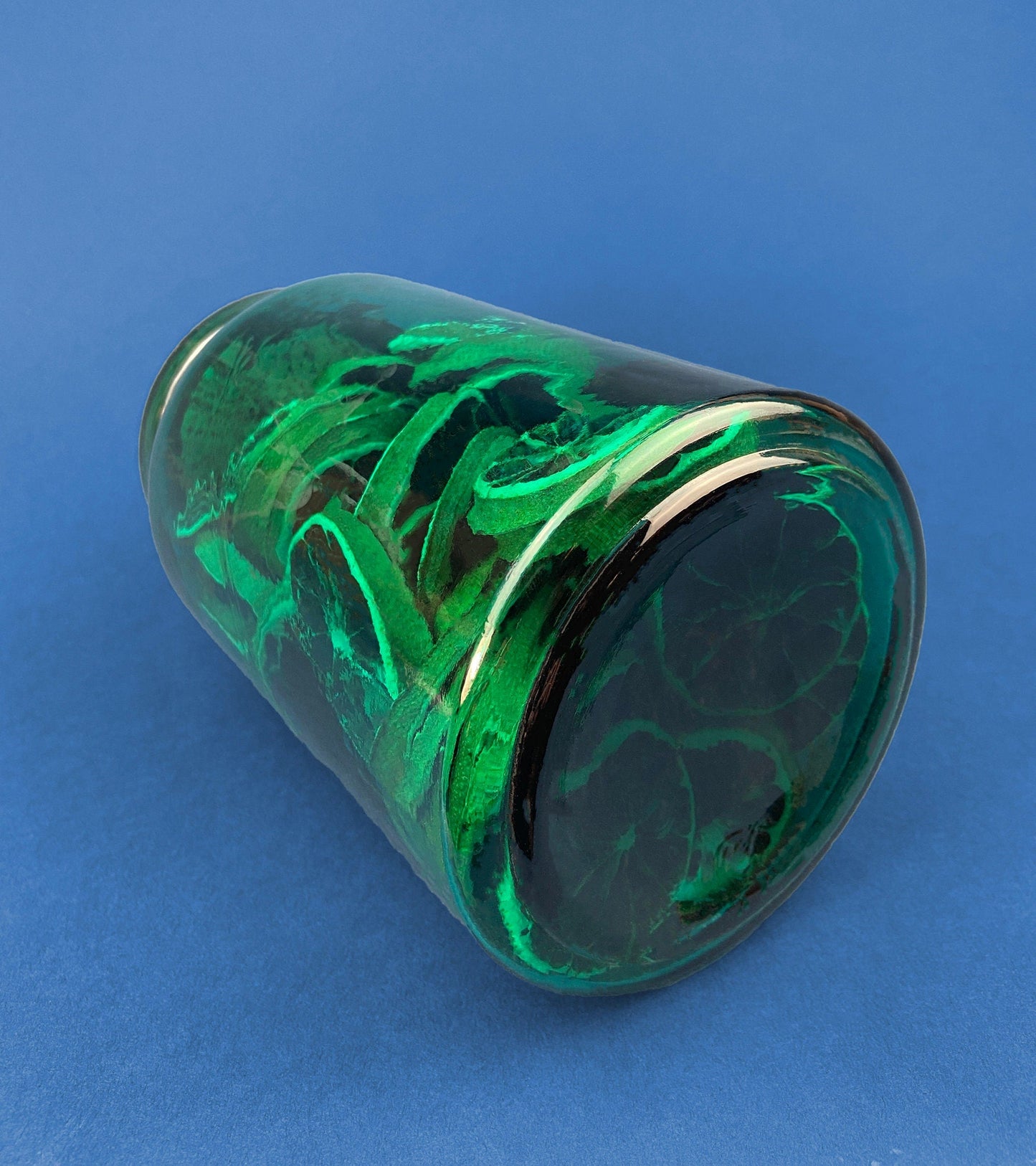 Green Glass Storage Jar with Dried  Orange Slices. Large, Deep Green Glass Canister with Cork Lid. Countertop Container.
