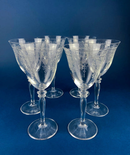 Etched Crystal Large Goblets. Set of 6 Oversized, Wine or Water Glassware. Persian Motif with Lotus. Collectible Stemware.