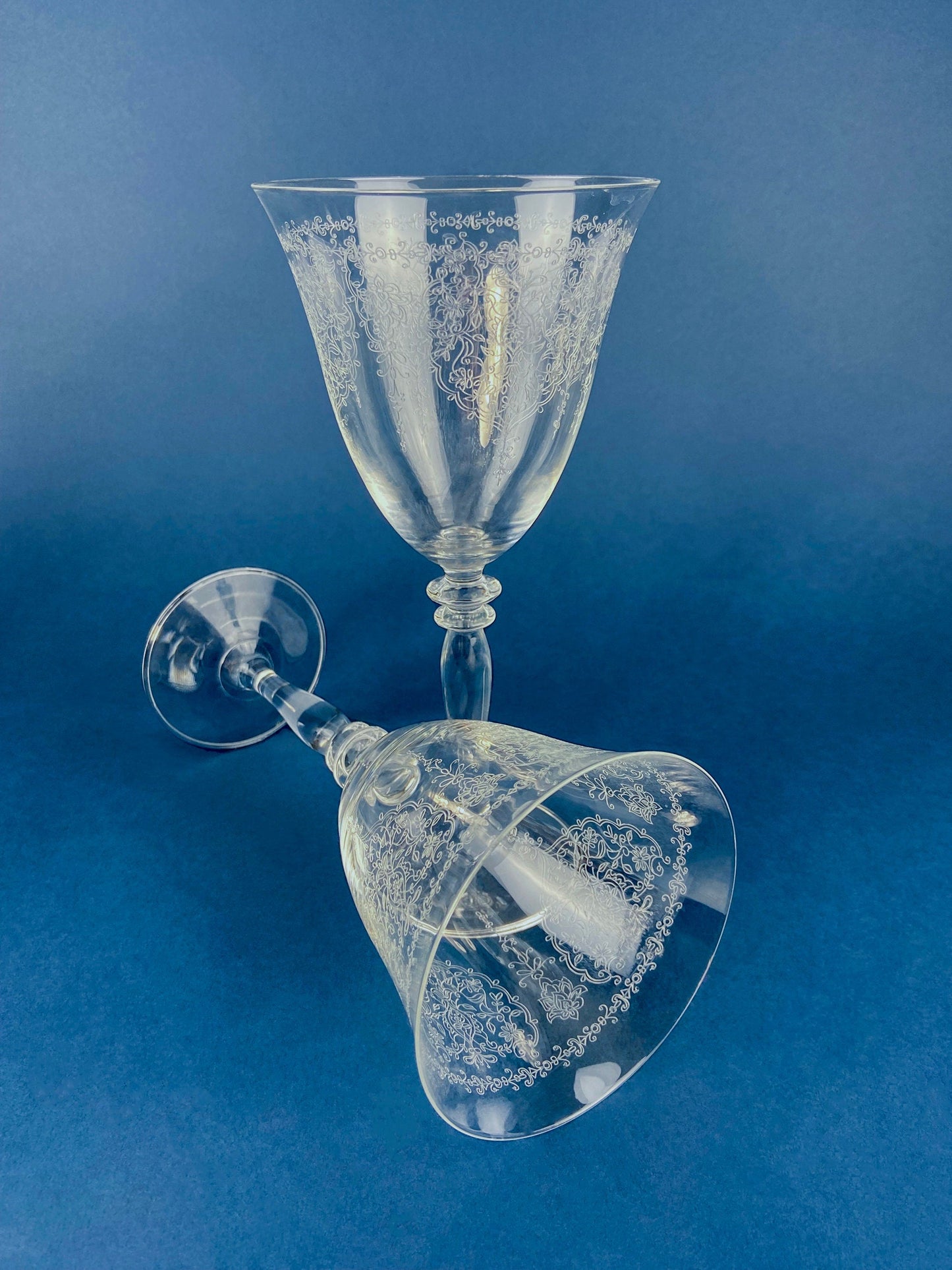 Etched Crystal Large Goblets. Set of 6 Oversized, Wine or Water Glassware. Persian Motif with Lotus. Collectible Stemware.