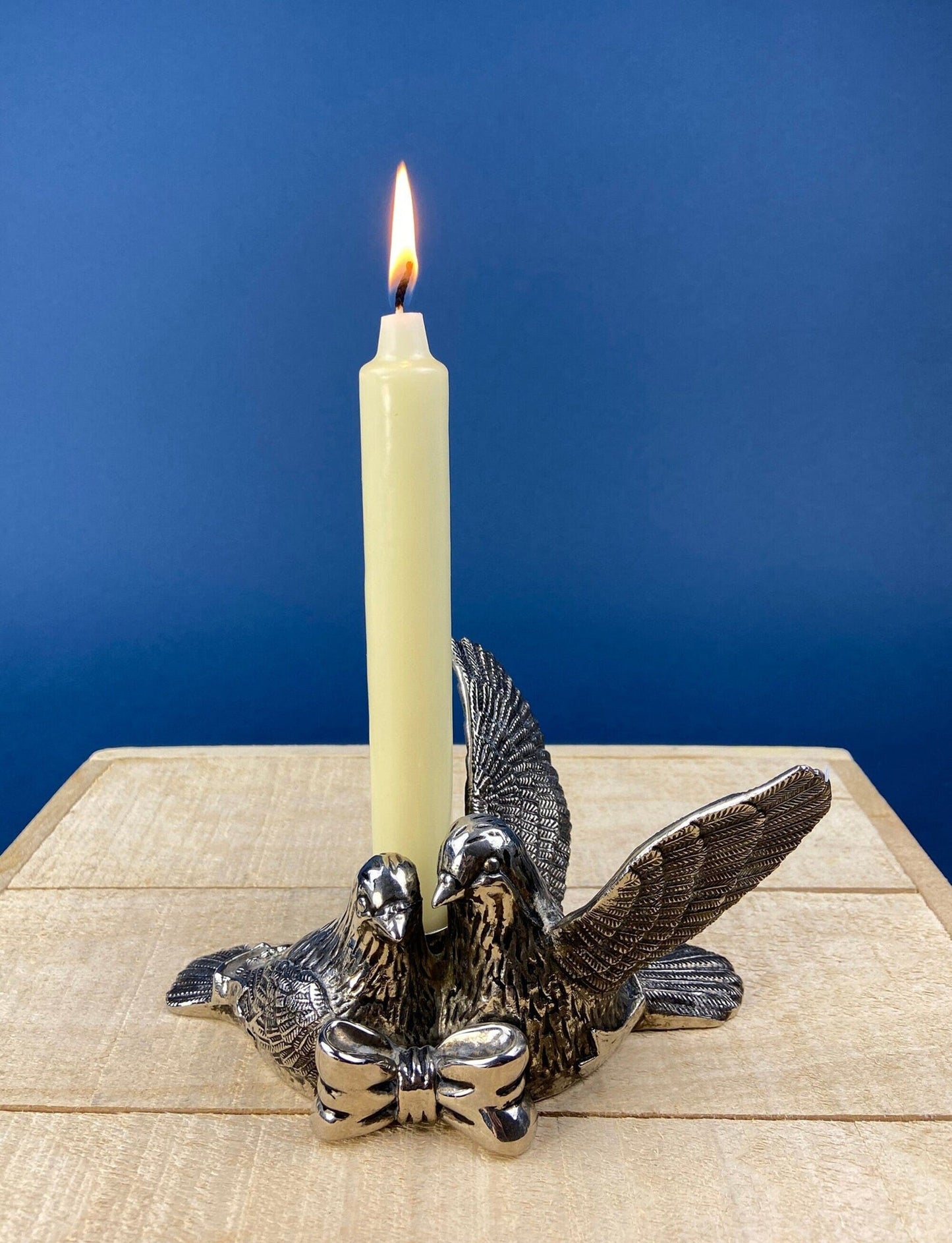 Antique Silver Plated Pillar Candle Holder with Peacocks