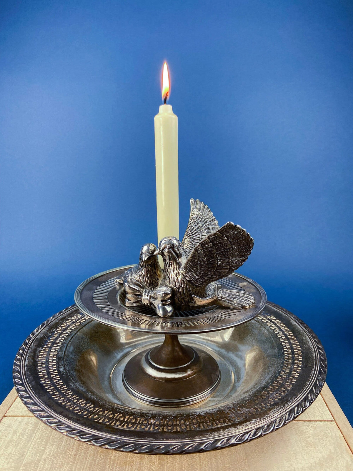 Antique Silver Plated Pillar Candle Holder with Peacocks