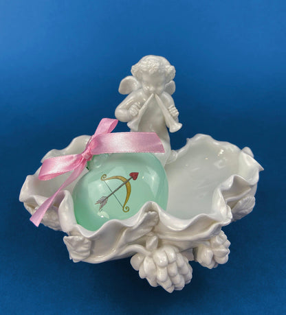 White Porcelain Cupid Soap Potpourri Serving Dish. Cupid Playing Flute. Gilman Coll. "Amore", NY. Original. Gift of Love. White Table Decor.