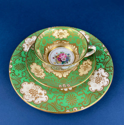 Vintage Staffordshire Tea Trio: Green, Gold, and Pink Porcelain Set