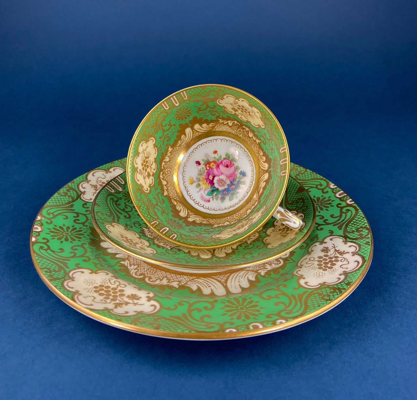 Vintage Staffordshire Tea Trio: Green, Gold, and Pink Porcelain Set
