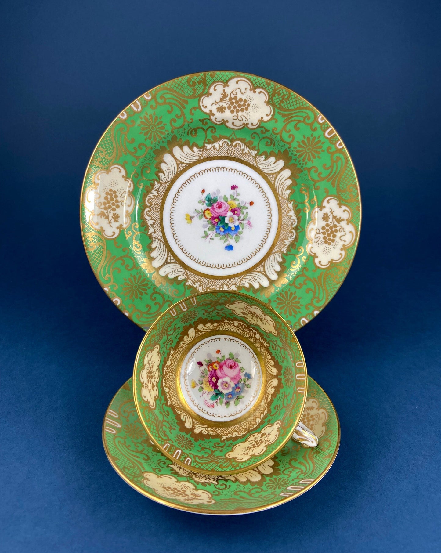Vintage Staffordshire Tea Trio: Green, Gold, and Pink Porcelain Set