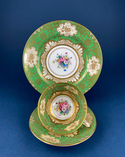 Vintage Staffordshire Tea Trio: Green, Gold, and Pink Porcelain Set
