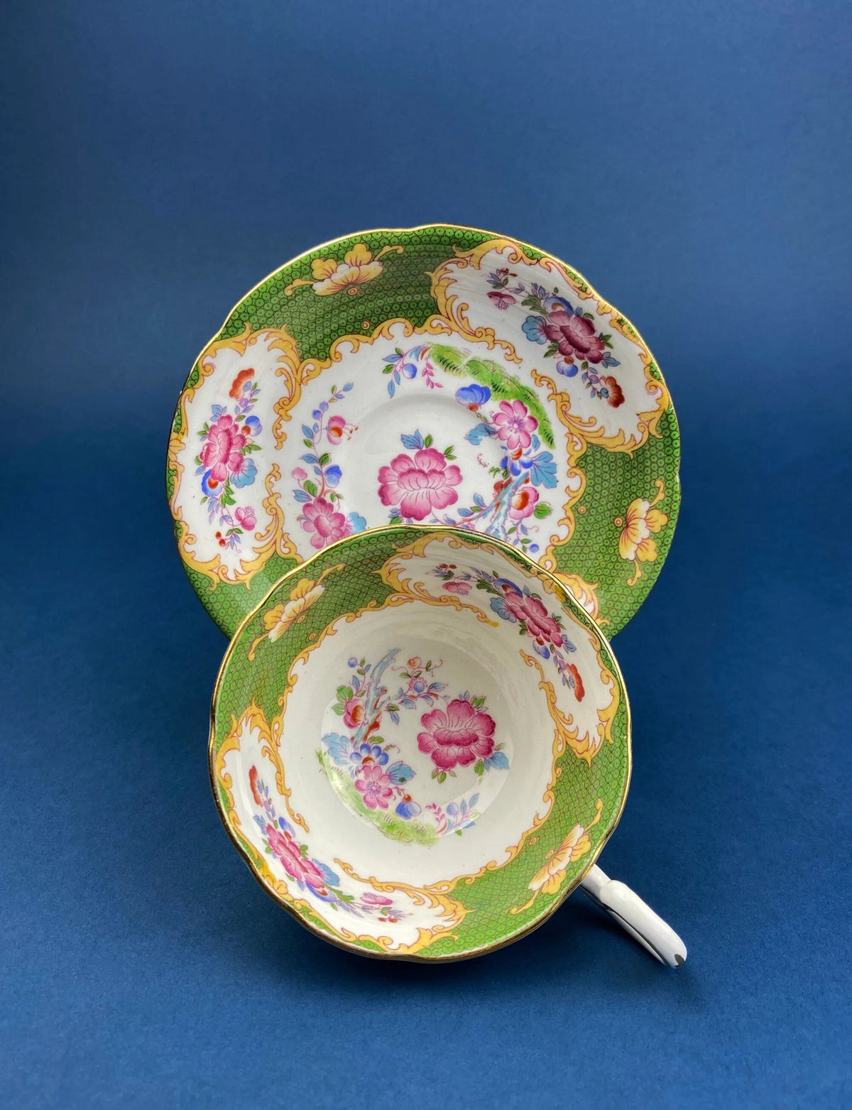 Vintage Staffordshire Tea Trio: Green, Gold, and Pink Porcelain Set