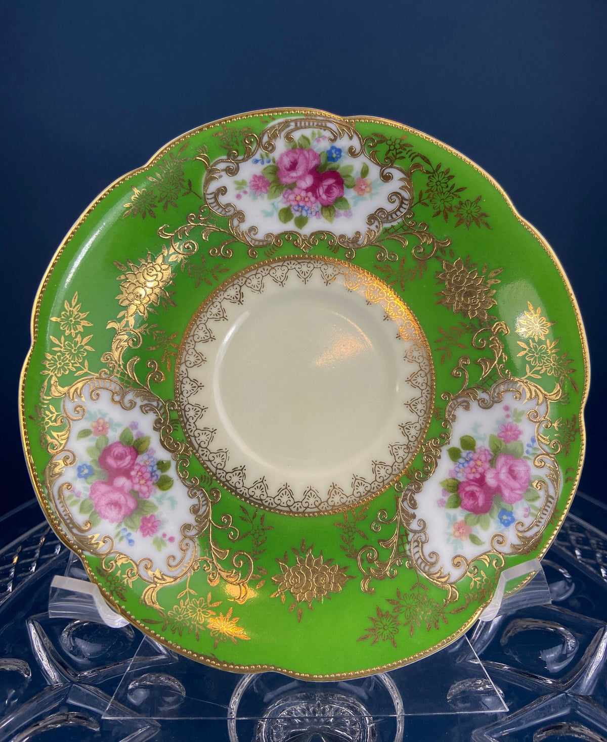 Antique Emerald Green Cup and Saucer, Occupied Japan, Floral Pattern