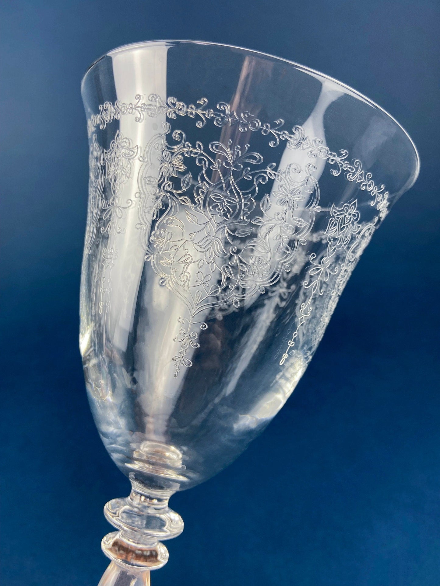 Etched Crystal Large Goblets. Set of 6 Oversized, Wine or Water Glassware. Persian Motif with Lotus. Collectible Stemware.
