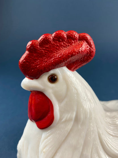 Westmoreland  Rooster on Nest Covered Bowl. Large Milk Glass Lidded Dish. White with Red Details Serving Dish. Collectible Milk Glass.