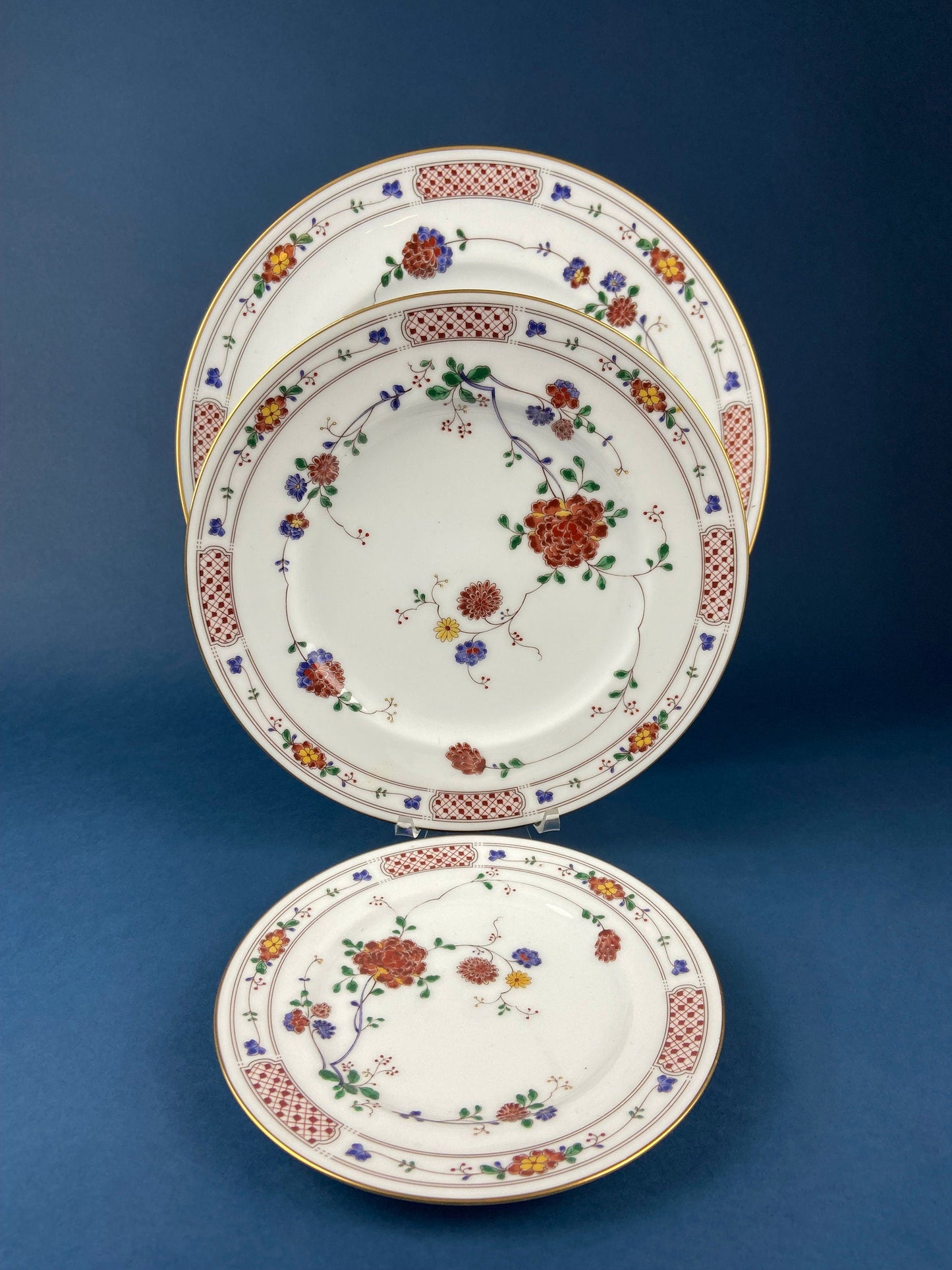 Vintage Porcelain Plates Trio, Dinner Set by Noritake Ireland. Asian Inspired Three Plates: Dinner, Salad, and Dessert.