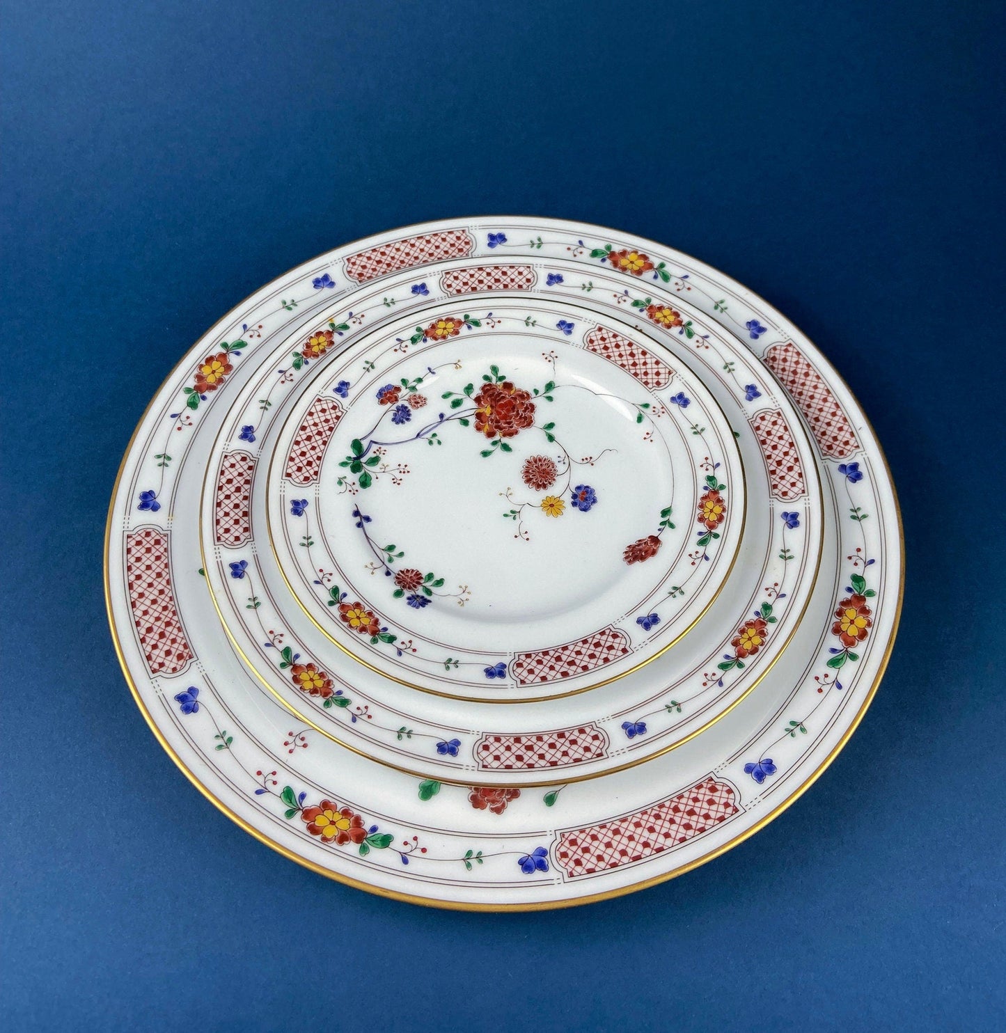 Vintage Porcelain Plates Trio, Dinner Set by Noritake Ireland. Asian Inspired Three Plates: Dinner, Salad, and Dessert.