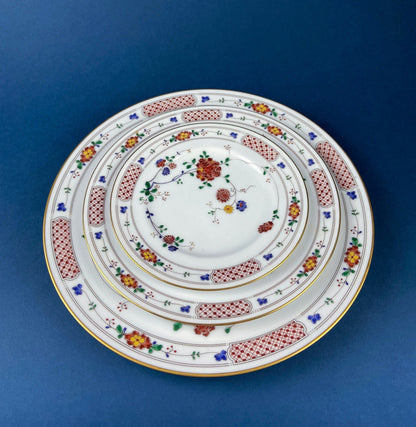 Vintage Porcelain Plates Trio, Dinner Set by Noritake Ireland. Asian Inspired Three Plates: Dinner, Salad, and Dessert.