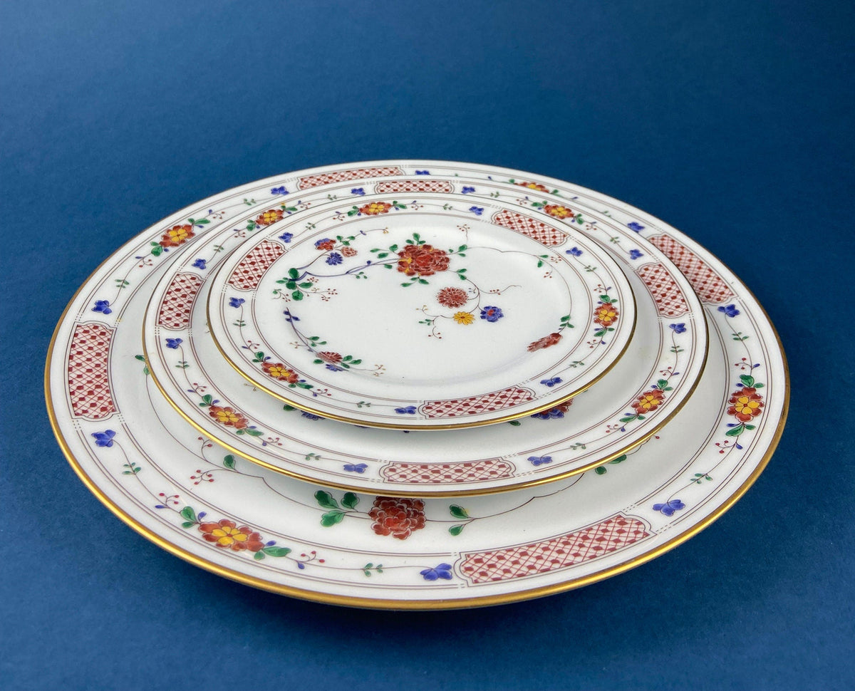 Vintage Porcelain Plates Trio, Dinner Set by Noritake Ireland. Asian Inspired Three Plates: Dinner, Salad, and Dessert.